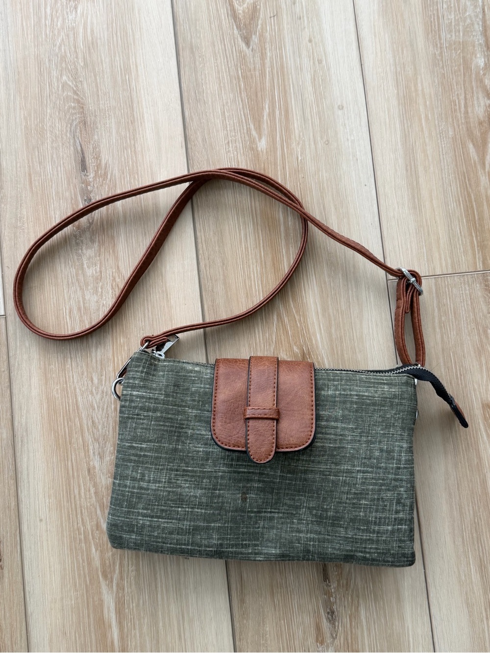 Olive Crossbody Bag with Brown Trim